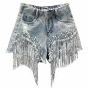 Womens Jeans Clearance, Women's Casual Fashion Trend Tassel Pearl Hot Diamond Denim Shorts Jean Shorts, High Waisted Jeans for Women Blue